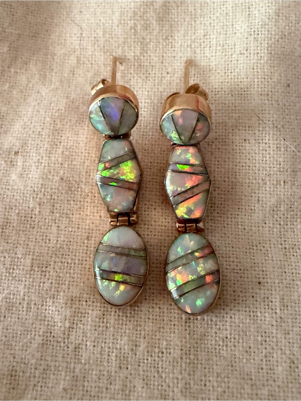 14k yellow Gold Opal Inlay Drop Earrings - Iridescent White